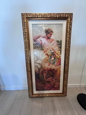 Jose Royo Embellished Giclée Framed Painting of Woman with Flowers